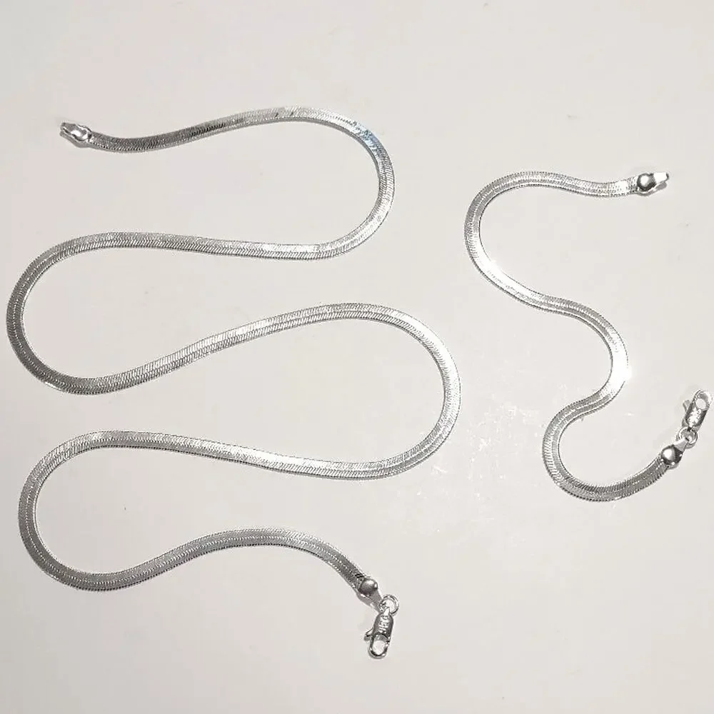 925 Sterling Silver Herringbone Necklace Bracelet Set Bundle Birthday Gift NEW! - Picture 1 of 4